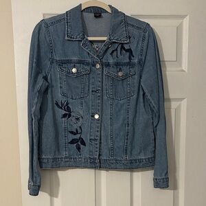 Tinseltown Blue Denim Jacket with Dark Floral Embroidered Design